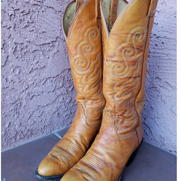 Vintage Tony Lama Black Label Marbled Butterscotch Leather Western Boots 7.5 D. - Picture 2 of 10